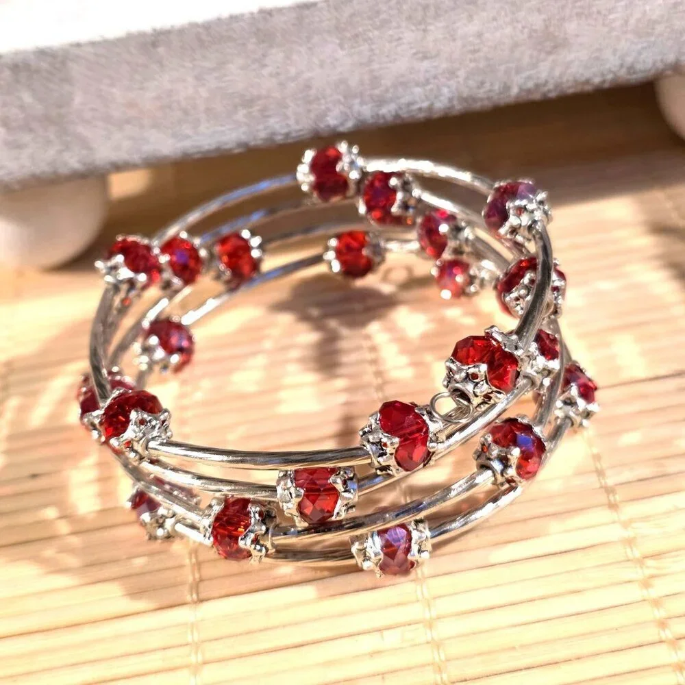 Silver Tone Crystal Wrap Bracelet With Red Faceted Beads & Filigree Details